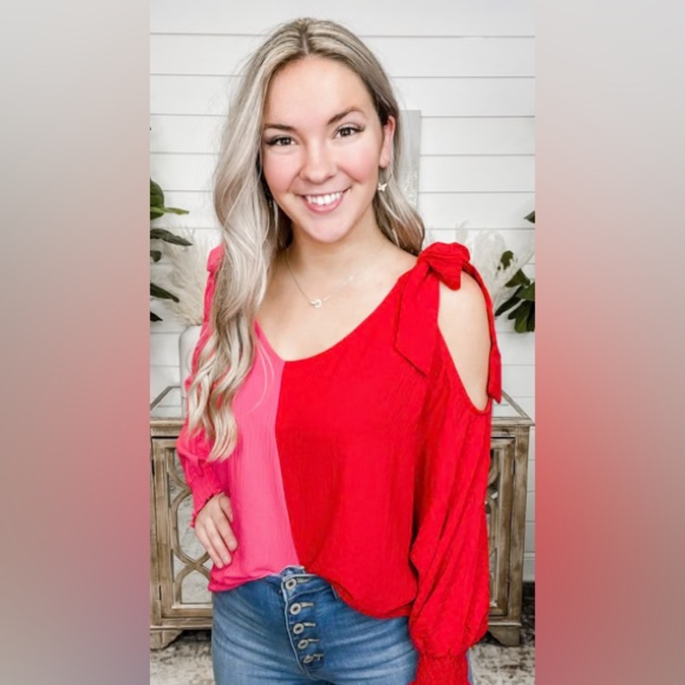 Women's Red and Pink Cold Shoulder Blouse